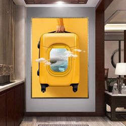 yellow suitcase canvas wall art, sky scenery canvas print art, seascape canvas wall decor, surreal s