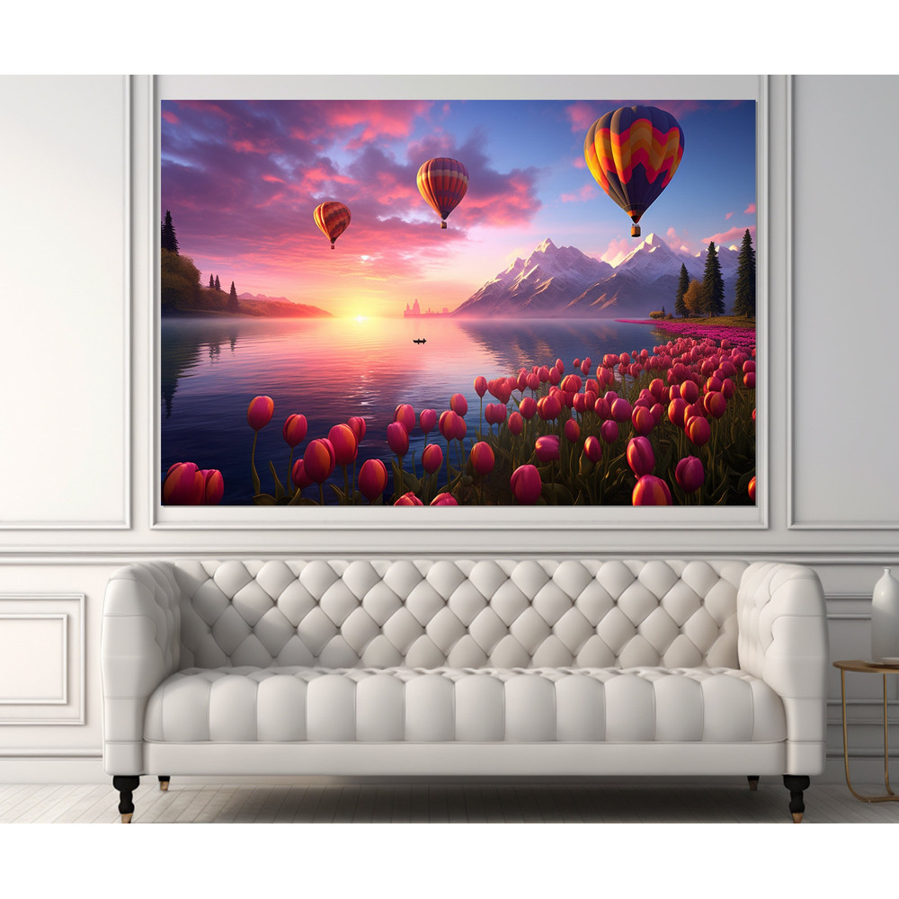 Abstract Lake Landscape Canvas Print, Hot Air Balloons over the Lake and Pink Tulips Wall Art, Framed and Ready to Hang.jpg
