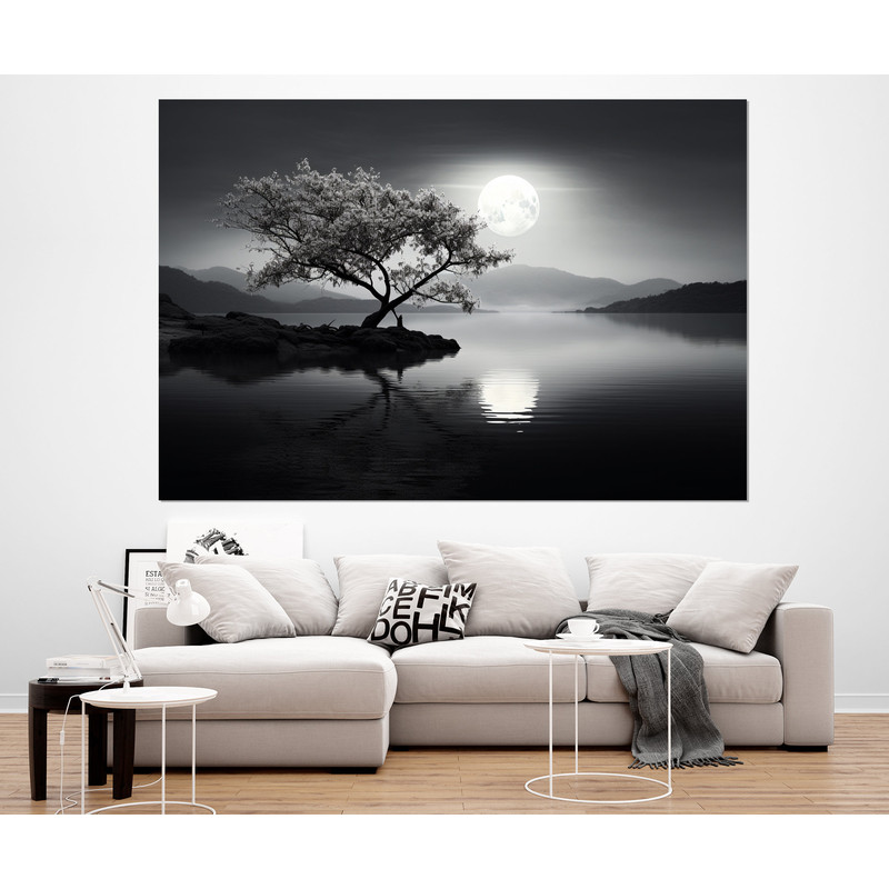 Abstract Tree under the Moon Black And White Canvas Print, Contemporary Wall Decor, Framed and Ready to Hang.jpg