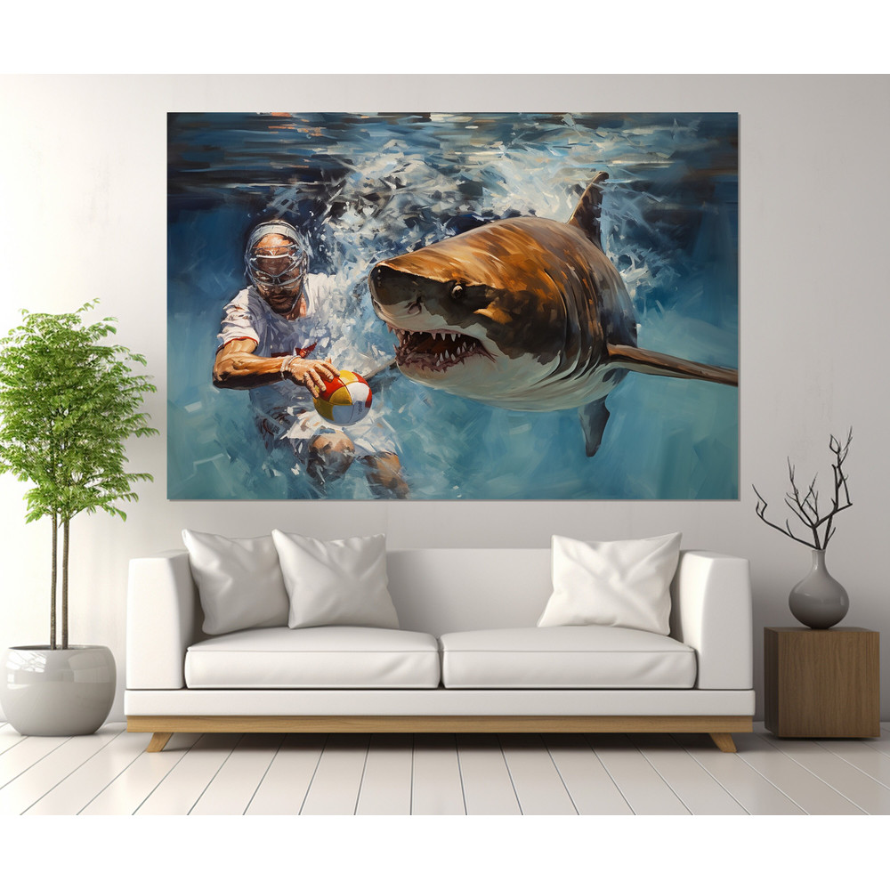 Abstract Water Polo Painting Canvas Print, Water Polo Wall Art, Water Polo with Shark, Water Polo Player Gift, Framed and Ready to Hang.jpg