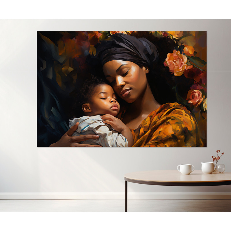 African Woman with Child Painting Canvas Print, Black Woman Print, African Wall Art, Framed and Ready to Hang.jpg