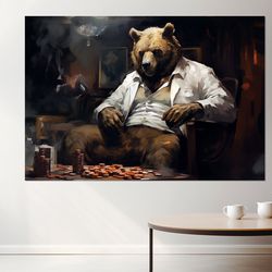 bear at poker table canvas print, poker wall art, abstract poker painting, poker gifts, framed and r