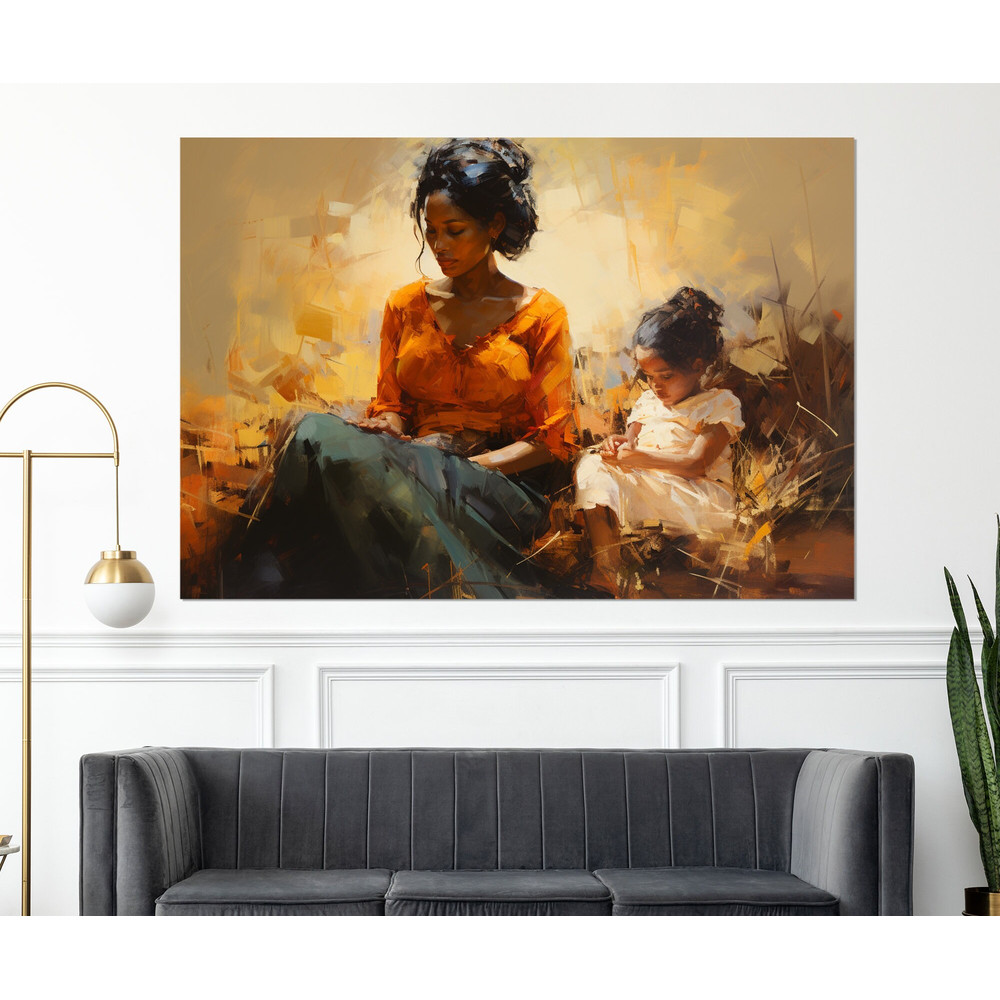 Beautiful African Woman with Child Oil Painting Canvas Print, Black Woman Print, African Wall Art, Framed and Ready to Hang.jpg