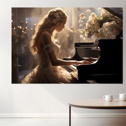 beautiful pianist girl canvas print, piano wall art, musician gift, pianist gift, framed and ready t