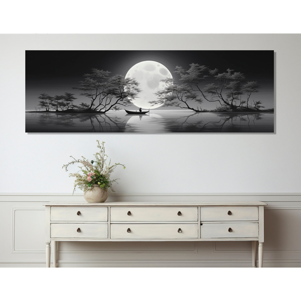 Boat under The Moonlight Canvas Print, Blossom Tree Black And White Painting Canvas Print, Contemporary Wall Art, Framed and Ready to Hang.jpg