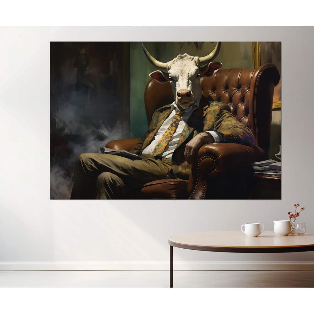 Bull Gentleman in Suit Canvas Print, Cigar Club Decor, Trading Wall Art, Trader Gift, Framed and Ready to Hang.jpg