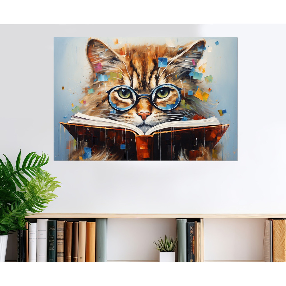 Cat in Glasses Reading Book Abstract Painting Canvas Print, Kids Room Decor, Nursery Wall Art, Framed and Ready to Hang.jpg