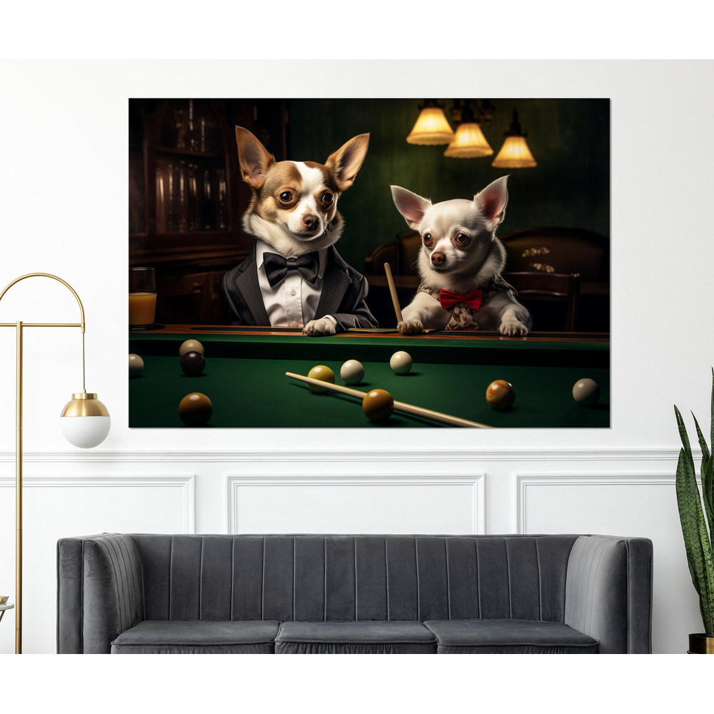 Chihuahua Playing Billiards Canvas Print, Billiards Wall Art, Chihuahua Painting, Man Cave Wall Art, Framed and Ready to Hang.jpg