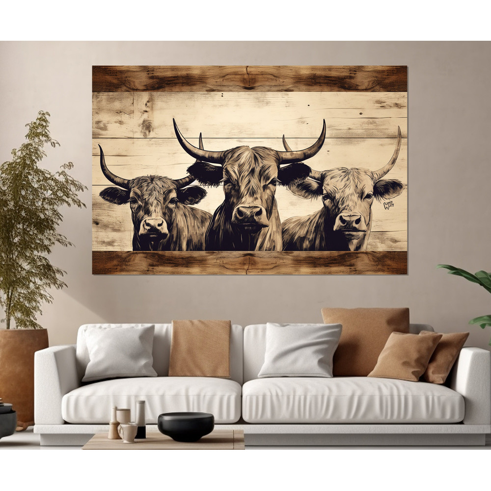 Cows Painting Canvas Print, Highland Cows on Wooden Background Print, Modern Canvas Art, Framed and Ready to Hang.jpg