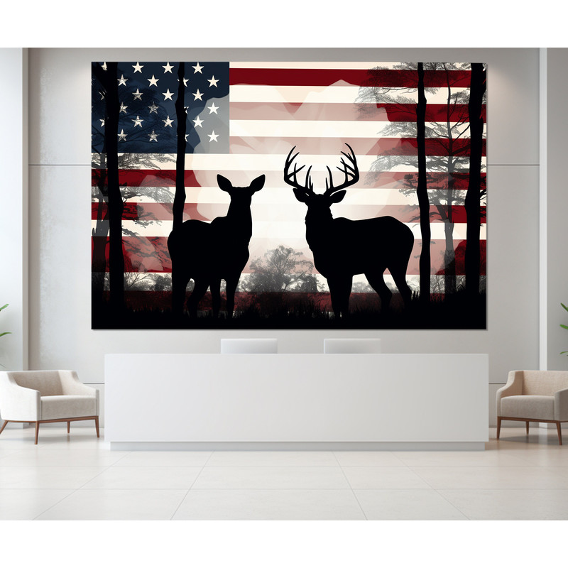 Deer Family Silhouettes with USA Flag Background Canvas Print, Deer Wall Art, Framed and Ready to Hang.jpg