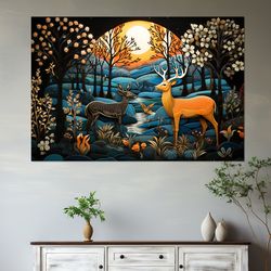 deer in fantasy forest canvas print, deer wall art, madhubani style painting, framed and ready to ha