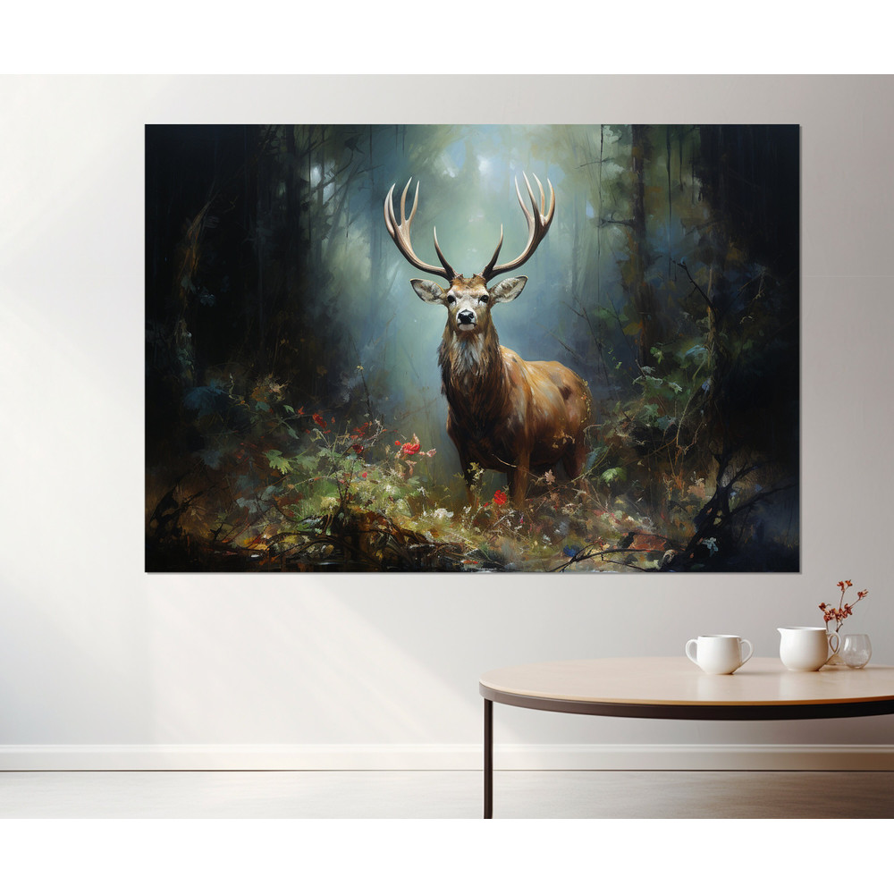 Deer in Forest Canvas Print, Deer Painting, Forest Animals Wall Art, Framed and Ready to Hang.jpg