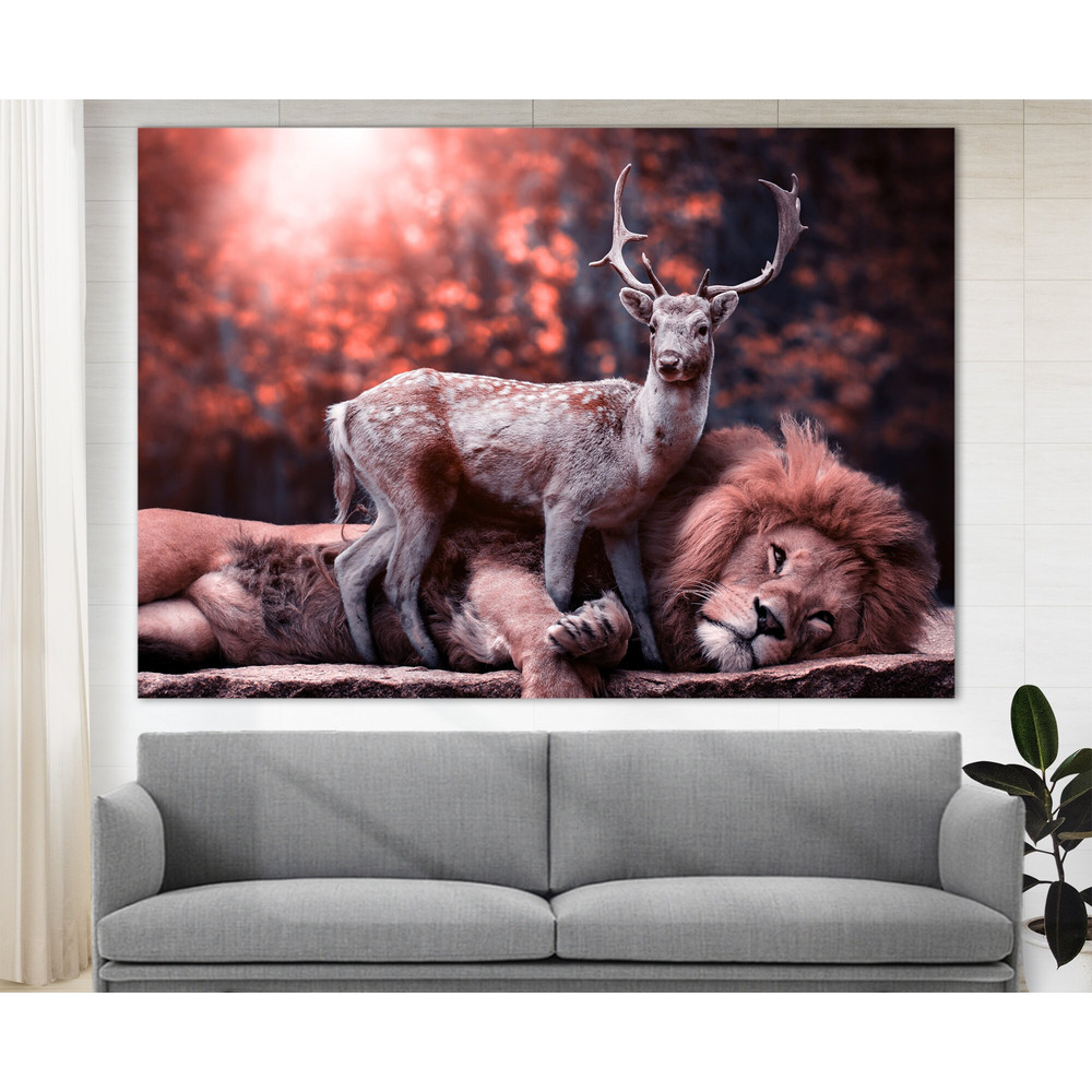 Deer with Lion Canvas Print, Friendship Wall Art, Deer Canvas Art, Lion Print, Wild Nature Wall Art Deer Poster.jpg