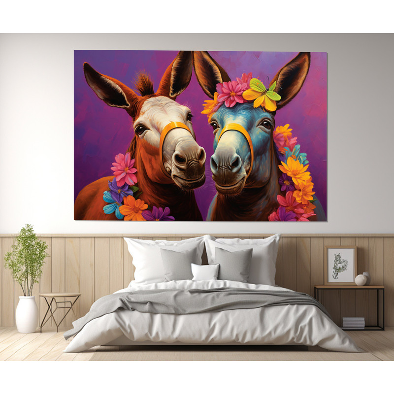 Donkeys in Flowers Canvas Print, Kids Room Decor, Romantic Painting, Wedding Anniversary Gift, Framed and Ready to Hang.jpg