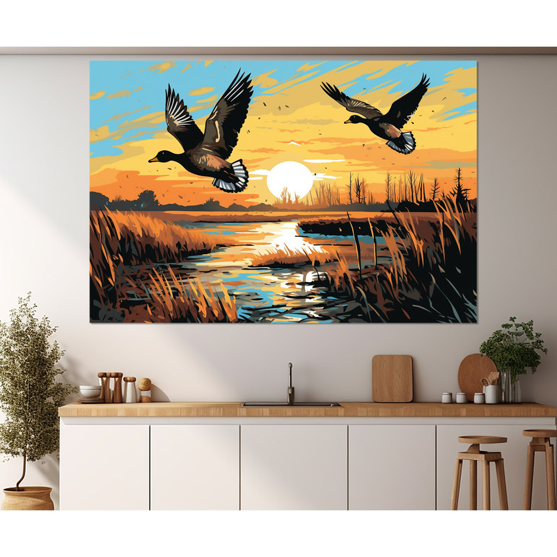 Ducks over Lake on Sunset Canvas Print, Ducks Painting, Hunting Wall Decor, Animals Wall Art, Framed and Ready to Hang.jpg