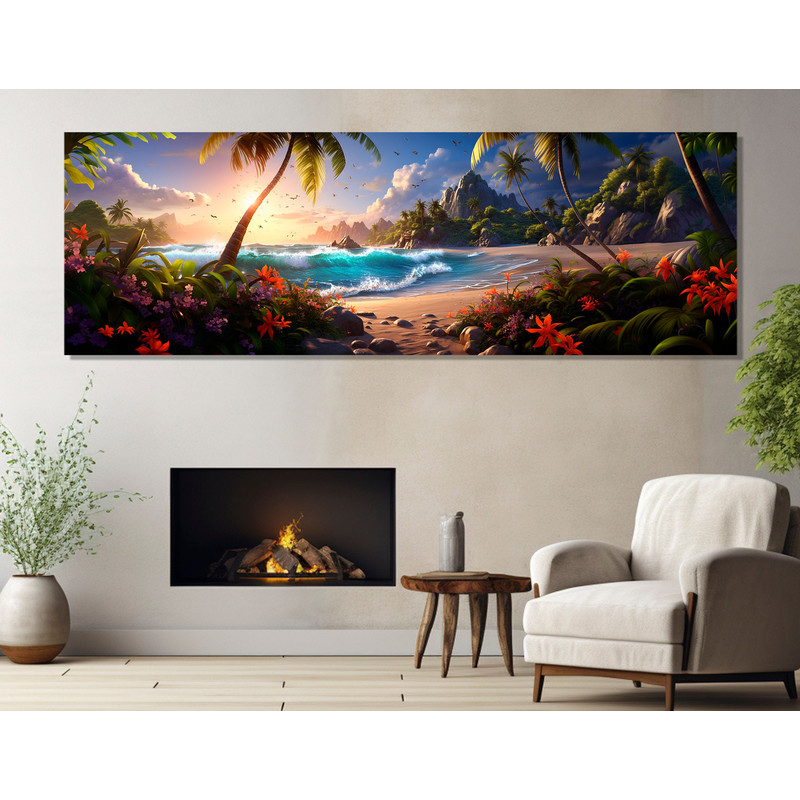 Fantasy Beach Painting, Large Beach Canvas Print, Ocean Beach Wall Art, Panoramic Beach Print, Framed and Ready to Hang.jpg