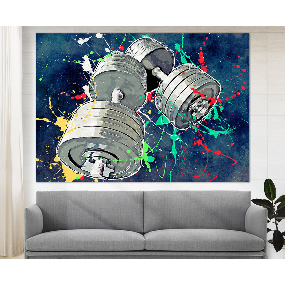 Fitness Watercolor Canvas Art, Dumbbells Canvas Art, Abstract Fitness Canvas Print, Workout Motivation Wall Art.jpg