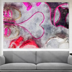 fitness watercolor canvas print, women workout motivation, pink gym decor, workout inspiration, fitn