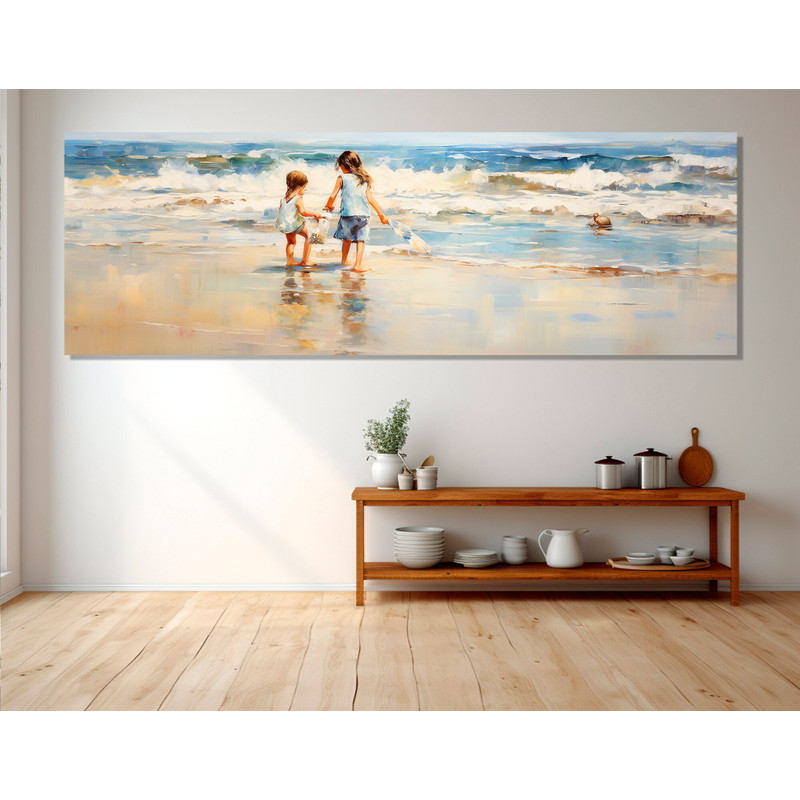 Kids on the Beach Painting Canvas PRINT, Large Beach Wall Art, Kids Room Decor, Kinder Garden Decor, Framed and Ready to Hang.jpg