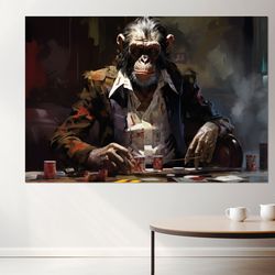 monkey at poker table canvas print, poker wall art, abstract poker painting, poker player gift, fram