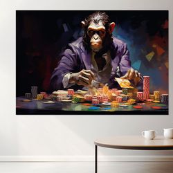 monkey playing poker canvas print, poker wall art, poker club decor, poker player gift, framed and r