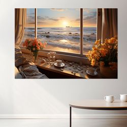 ocean waves from window painting canvas print, scenic sea view canvas art, framed and ready to hang.