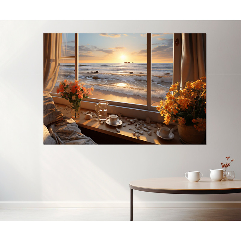 Ocean Waves from Window Painting Canvas Print, Scenic Sea View Canvas Art, Framed and Ready to Hang.jpg