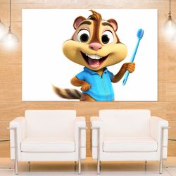 pediatric dentistry wall decor, chipmunk with a toothbrush canvas print, dentist gift, framed and re