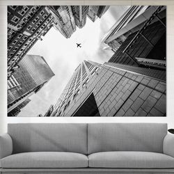 plane in the sky canvas print, office decor, skyscrapers canvas art, aircraft poster, aviation offic
