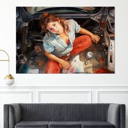 retro style mechanic woman painting canvas print, workshop wall decor, car service wall art, framed