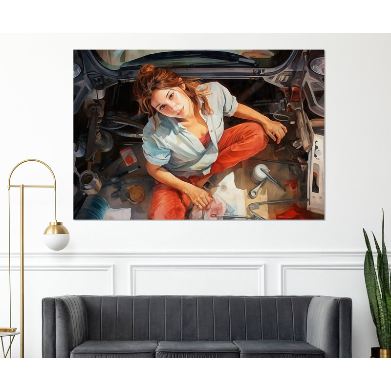 Retro Style Mechanic Woman Painting Canvas Print, Workshop Wall Decor, Car Service Wall Art, Framed and Ready to Hang.jpg