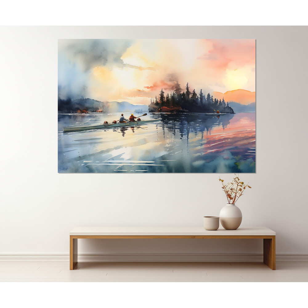 Rowers on the Foggy Lake Painting Canvas Print, Rowing Wall Art, Rowing Painting, Rower Gift, Boating Canvas Art, Framed and Ready to Hang.jpg