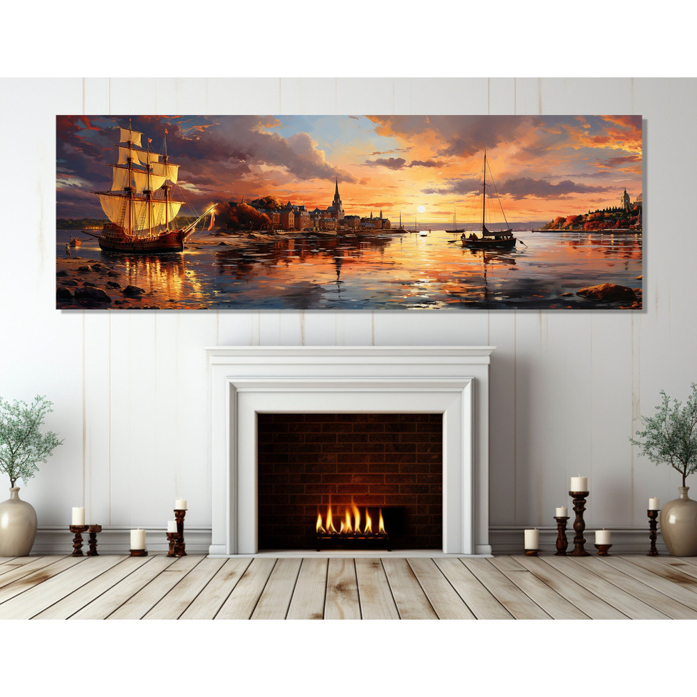 Scenic Sunset in Harbor Painting Canvas Print, Nautical Wall Art, Vintage Marina Canvas Print, Ballerina Gift.jpg