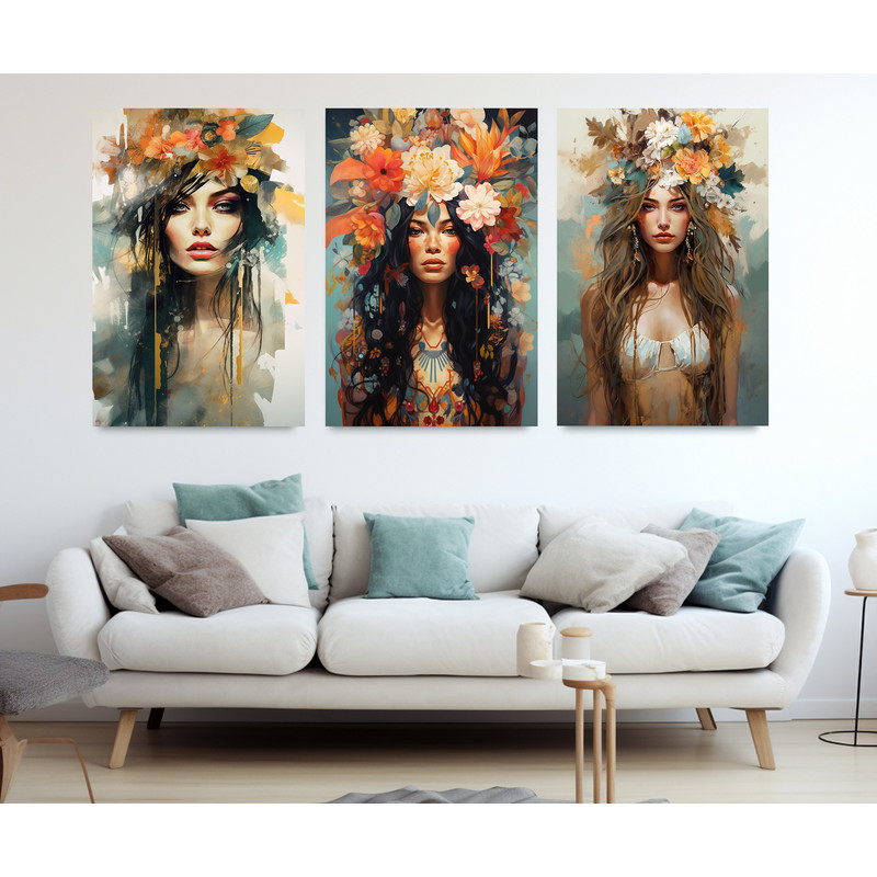 Set of 3 Beautiful Floral Women Paintings, Boho Wall Art, Boho Style Spirits of the Forest Canvas Prints, Framed and Ready to Hang.jpg