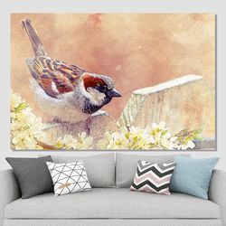 sparrow watercolor canvas art, sparrow print, wild nature wall art, bird poster, birds wall art