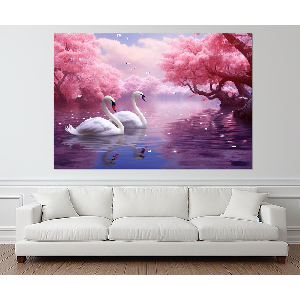 Swans Couple on Abstract Sakura Blossom Lake Painting Canvas Print, Romantic Wall Art, Romantic Wall Decor, Framed and Ready to Hang.jpg