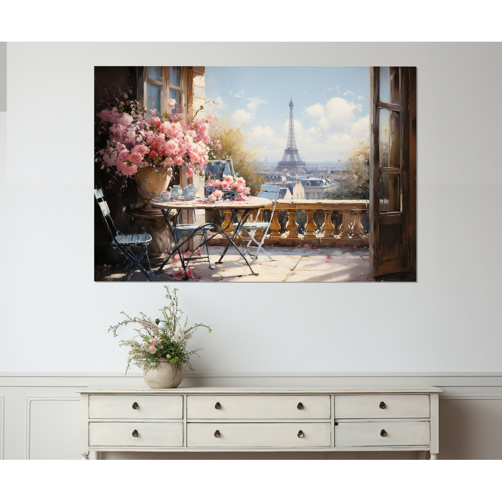Terrace in Paris with Eiffel Tower View Painting Canvas Print, Paris Wall Art, Framed and Ready to Hang.jpg