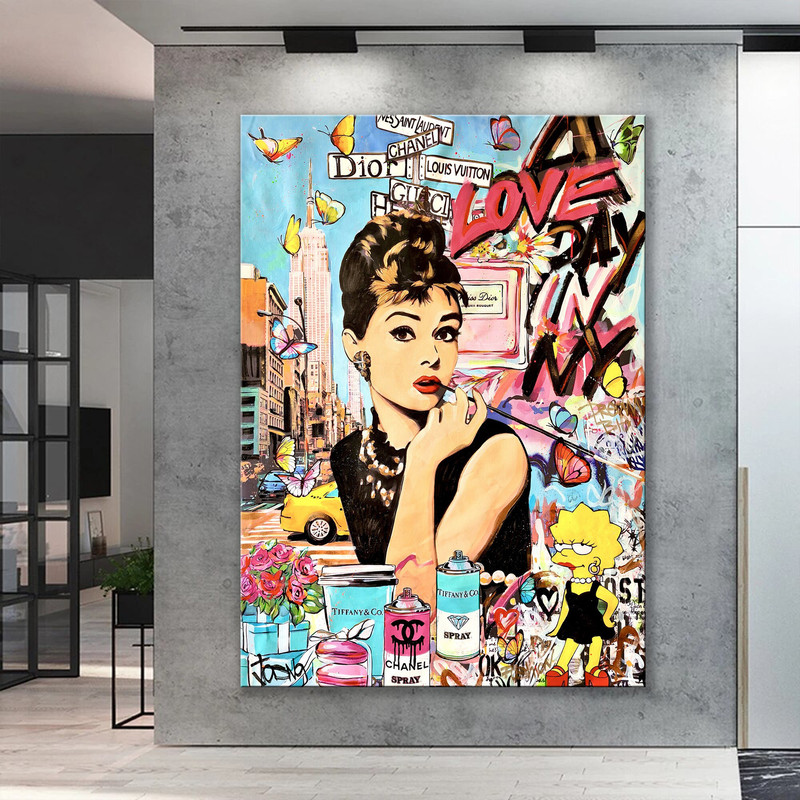 Audrey Hepburn Pop Art Lisa Simpson Graffiti Art Canvas Print, Banksy, Brainwash Mural Graffiti Wall Art, Pop Art Graffiti Home Decor.jpg