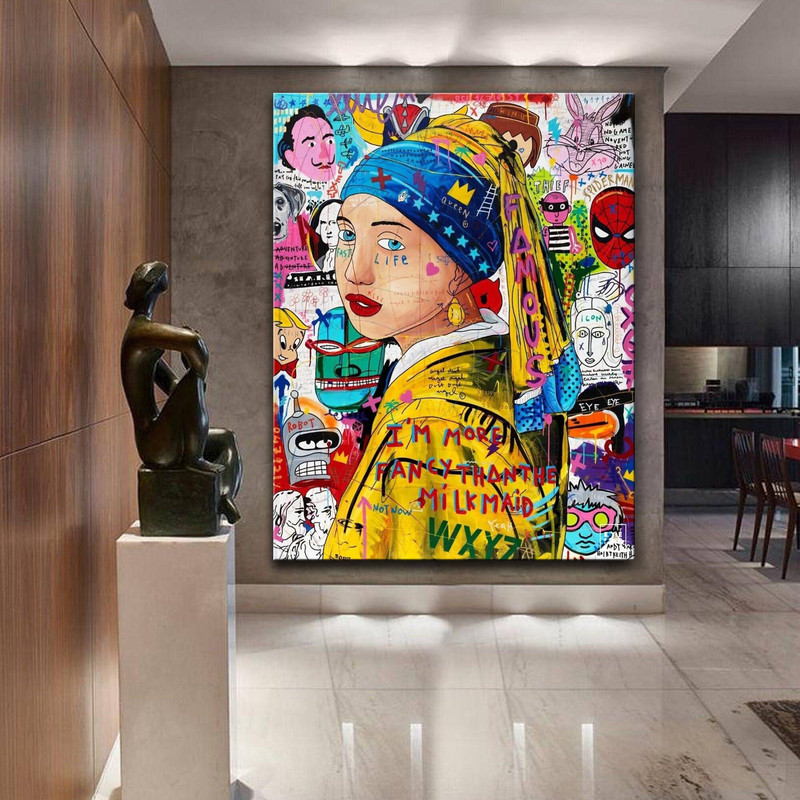 Banksy Girl With a Pearl Earring Graffiti Pop Art Canvas, Banksy Style Pearl Earring Pop Art, Bugs Bunny, Dali, Spider-Man, Richie Rich.jpg