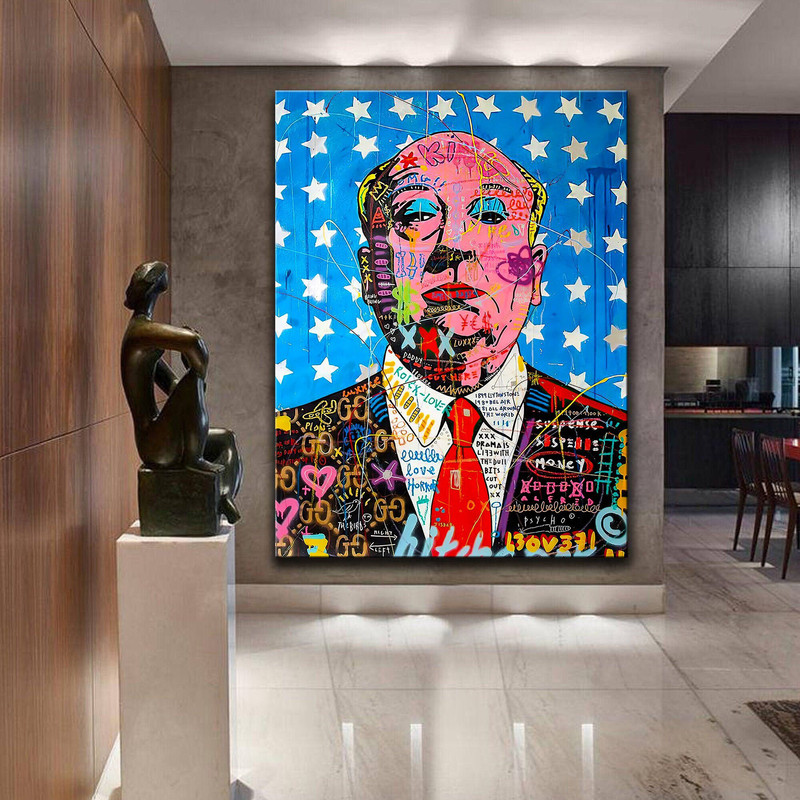 Banksy Style Alfred Hitchcock Pop Art Canvas Print, Brainwash America Pop Art Money Graffiti Wall Art, Pop Art Graffiti Home Decor.jpg