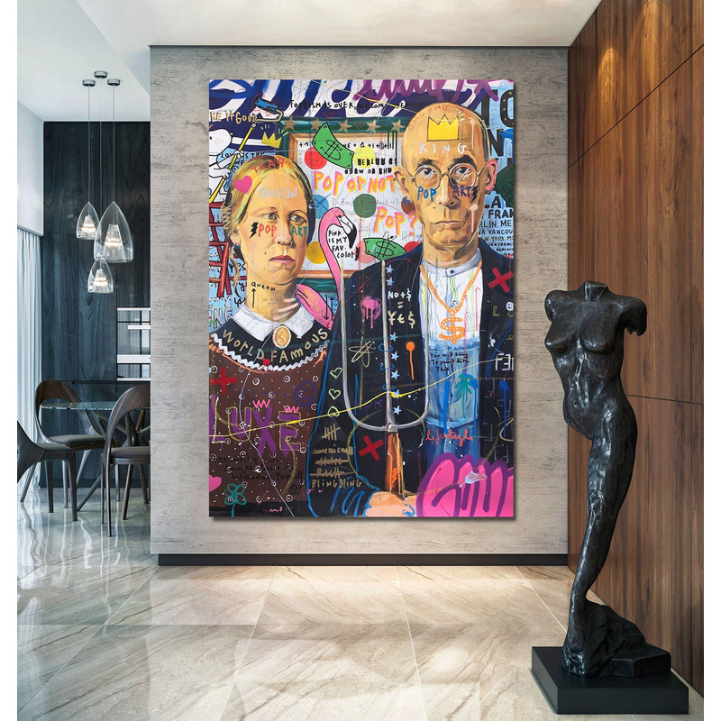 Banksy Style American Gothic Graffiti Pop Art Canvas, Banksy Street Art Style Pop Art, Grant Wood Pop Art, Street Graffiti Decor, Grant Wood.jpg