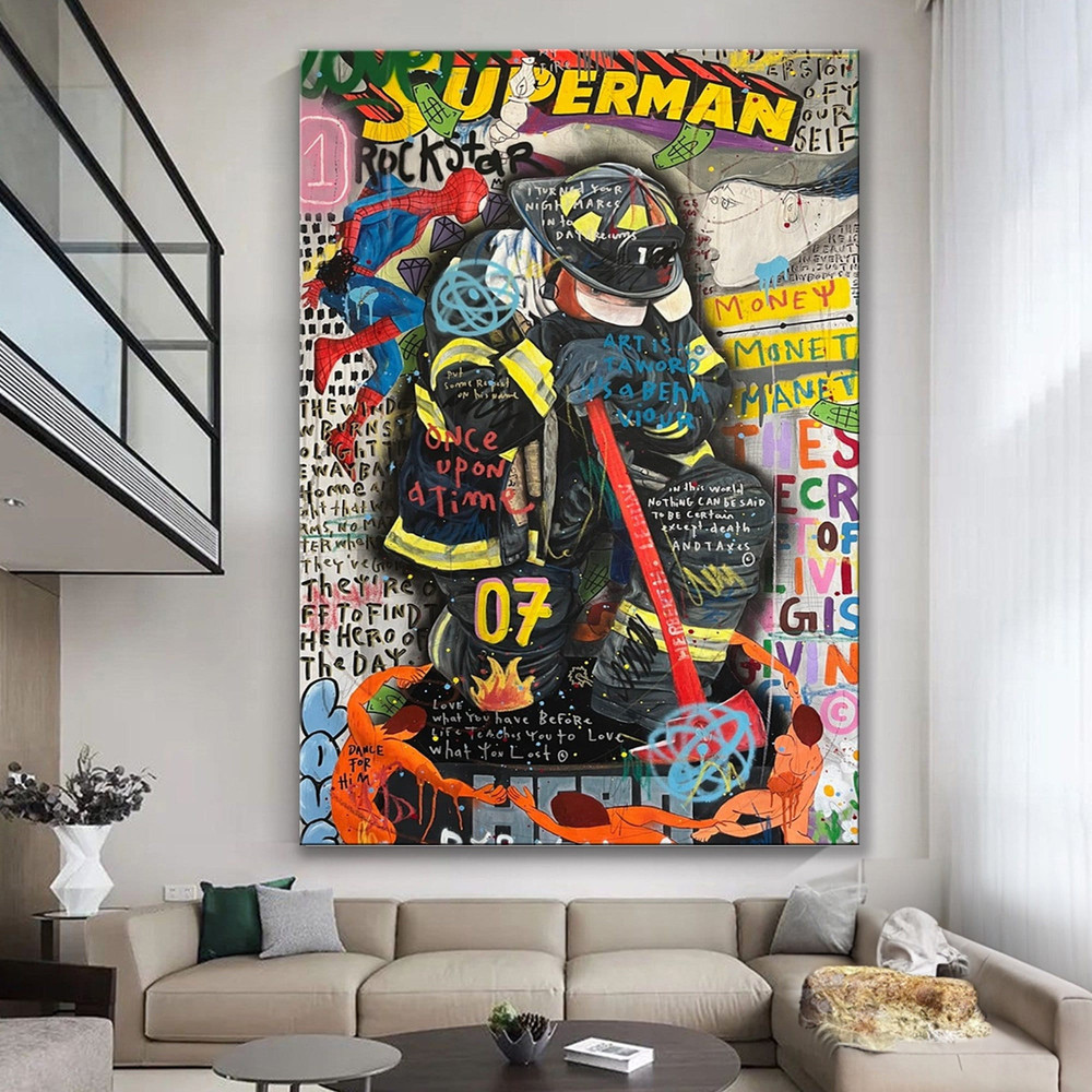Banksy Style Fireman Pop Art Canvas, Banksy Fireman, Spider-Man Graffiti Artwork Poster, Luxury Decor, Banksy Canvas Decor, Christmas Gift.jpg