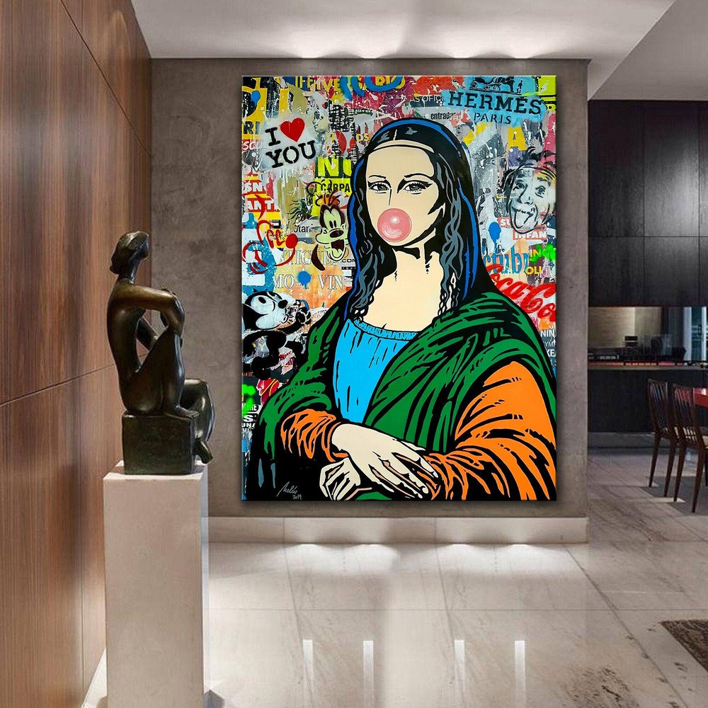 Banksy Style Mona Lisa Bubble Gum Graffiti Pop Art Canvas, Banksy Style Pop Art, Mona Lisa Pop Art, Street Graffiti Art, Mona Lisa Poster.jpg