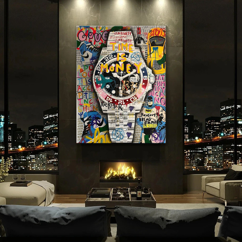 Banksy Style Rolex Times is Money Pop Art Canvas, Banksy Graffiti Artwork Poster, Luxury Decor, Air Jordan, Lamborghini Art.jpg