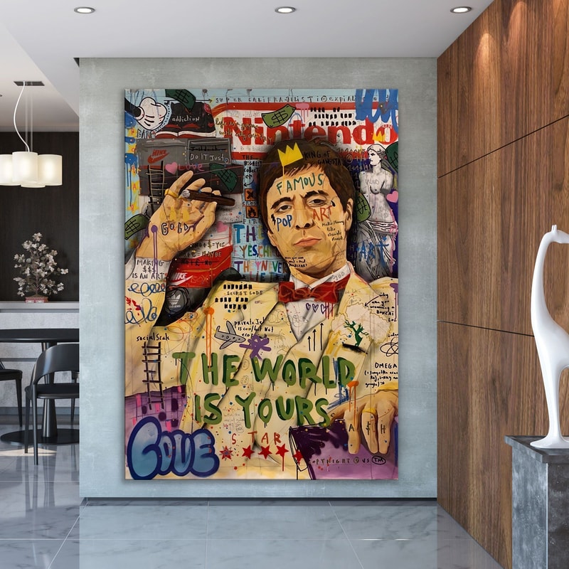Banksy Style Scarface The World Is Yours Graffiti Pop Art Canvas, Banksy Scarface Pop Art, Tony Montana Street Graffiti Wall Art, Al Pacino-1.jpg