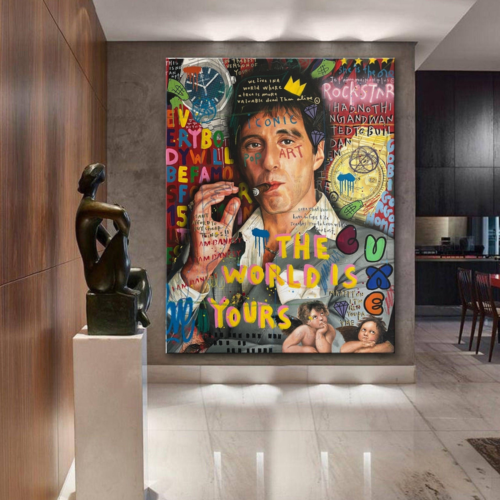 Banksy Style Scarface The World Is Yours Graffiti Pop Art Canvas, Banksy Scarface Pop Art, Tony Montana Street Graffiti Wall Art, Al Pacino.jpg