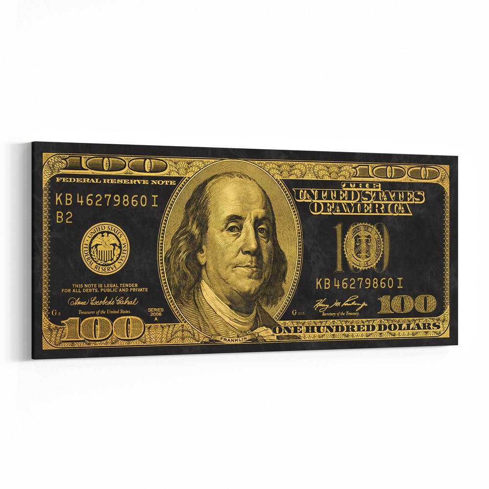 Benjamin Franklin Black and Gold 100 Bucks, Dollar Money Art, Wall Decor, Money Picture, Dollar Art, Canvas Printing, Modern Luxury Wall Art.jpg