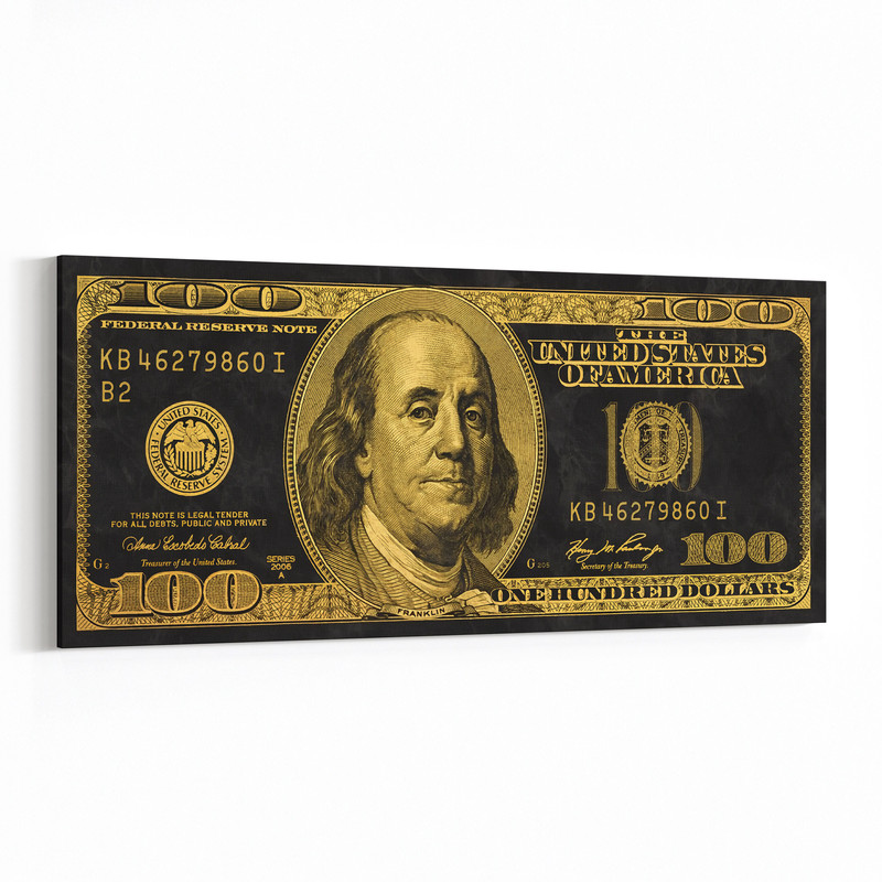 Benjamin Franklin Black and Gold 100 Bucks, Dollar Money Art, Wall Decor, Money Picture, Dollar Art, Canvas Printing, Modern Luxury Wall Art.jpg