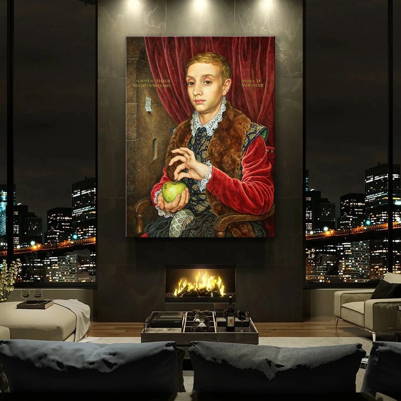 Boy with apple Painting, The Great Budapest Hotel Movie Poster, Rolled Canvas, High Quality Print, Budapest Hotel, Johannes Van Hoytl.jpg