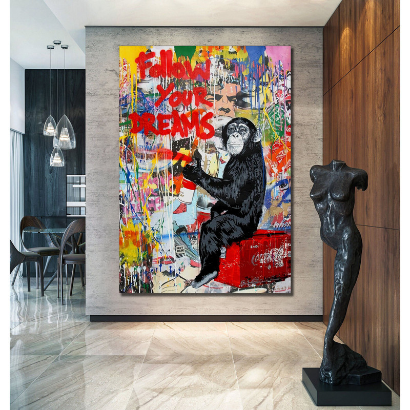 Follow Your Dreams Pop Art Canvas Print, Banksy Art, Monkey Graffiti, Street Graffiti Wall Art, Monkey Follow Your Dreams Poster.jpg